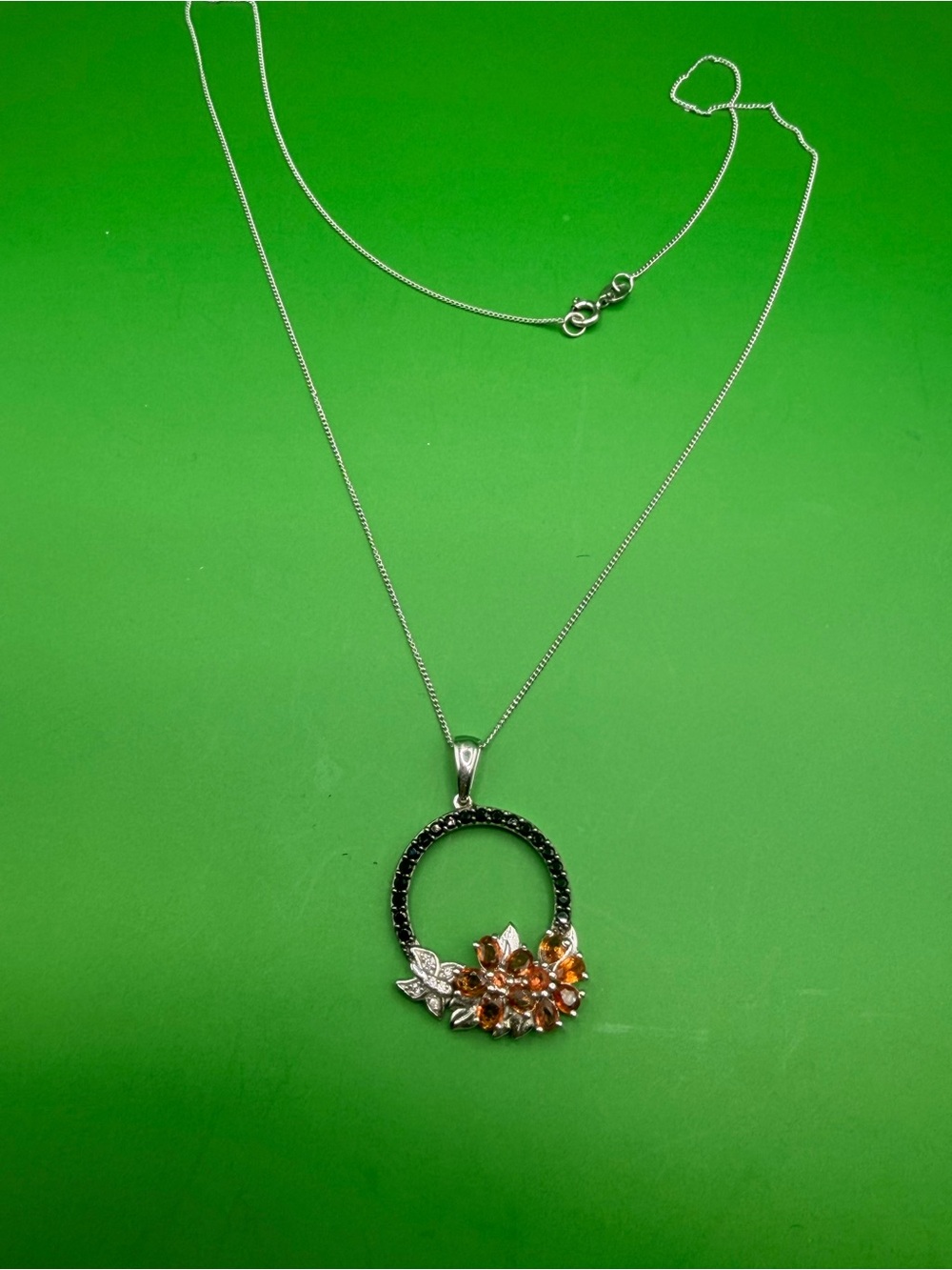 925 Sterling Silver Citrine Black Spinel & Topaz Pendant 20” Chain.